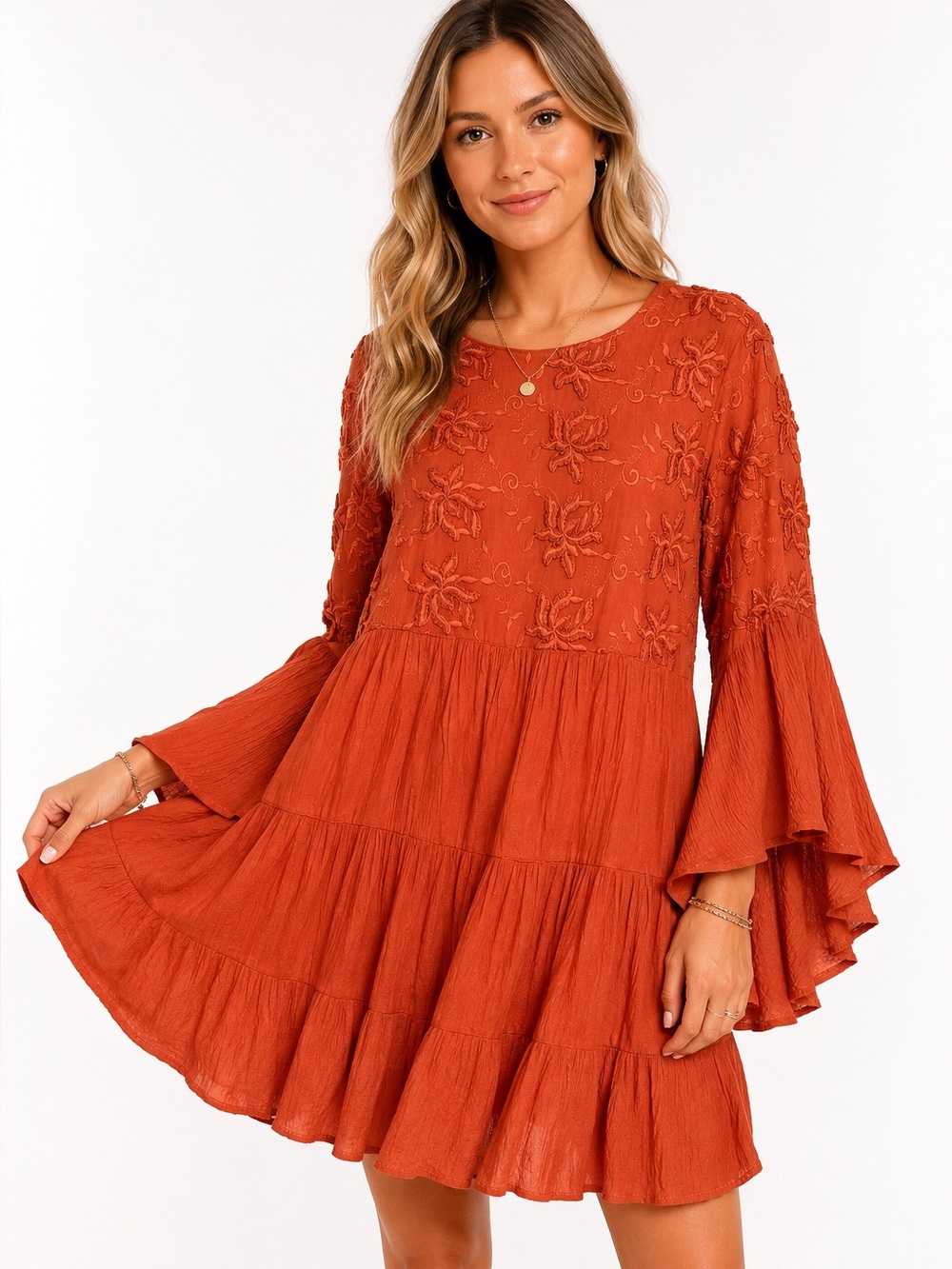 Gigio Boho Embroidered Mini Dress Orange Medium Cottagecore Anthro inspired